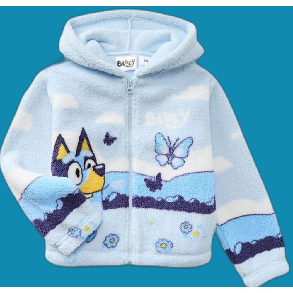 NWT Disney Bluey Bingo Girls Blue Plush Sherpa Hooded Jacket Coat Size M